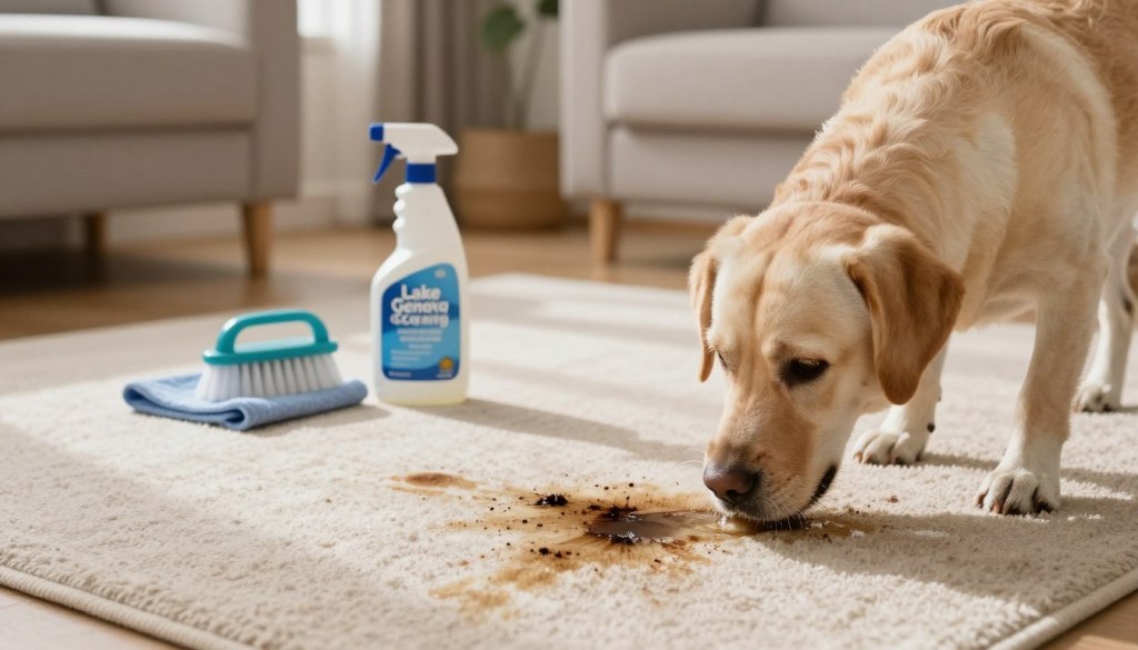 A cozy living room scene featuring a light-colored carpet with visible pet urine stains, illustrating the aftermath of a pet accident. In the foreground, a calm and inquisitive dog, such as a Labrador, is sniffing the affected area. In the middle ground, a bottle of "Lake Geneva Carpet Cleaning" solution is positioned next to cleaning supplies, including a cloth and brush, emphasizing immediate actions to take. The background shows a warm, inviting atmosphere with soft lighting filtering through a window, casting gentle shadows that create a homey feel. The overall mood is one of proactive cleanliness and care for pets, aiming to eliminate odors and restore comfort to the home.