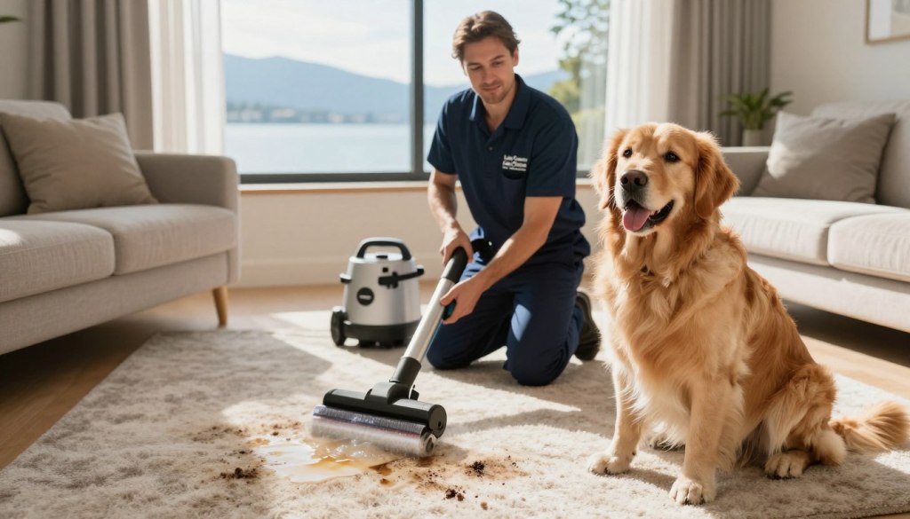 A cozy living room setting with a visible carpet stained by pet urine, showcasing the challenge of pet odor removal. In the foreground, a fluffy golden retriever sits curiously, its playful demeanor contrasting with the situation. The middle ground features a professional cleaner from "Lake Geneva Carpet Cleaning," dressed in a smart branded uniform, kneeling down with a carpet cleaning machine, emphasizing a proactive approach to preventing future accidents. Sunlight filters through a nearby window, casting a warm and inviting glow, highlighting the clean, airy atmosphere of the room. The background reveals a serene view of Lake Geneva through the window, complementing the tranquility of home life. The composition conveys a sense of hope and professionalism in addressing pet-related issues, ensuring a fresh environment.