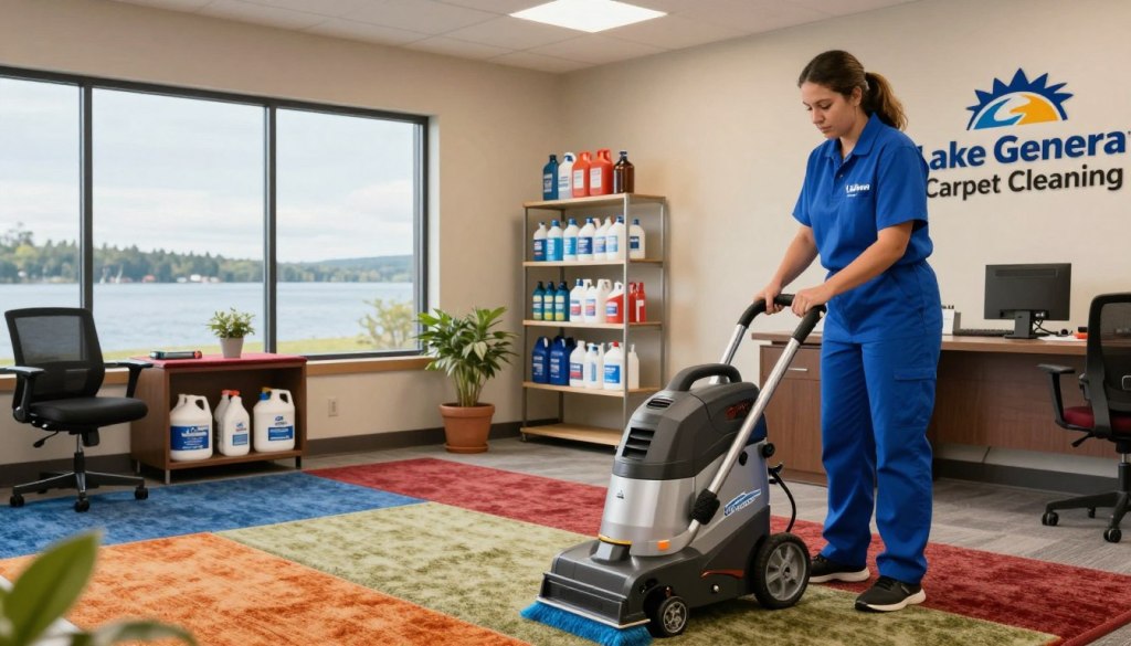 A modern, welcoming office space for "Lake Geneva Carpet Cleaning", situated in Lake Geneva, WI. In the foreground, a professional cleaner in a bright blue uniform expertly operates a state-of-the-art carpet cleaning machine, showcasing vibrant, freshly-cleaned carpets. The middle ground features shelves displaying cleaning supplies and company branding, with a soft, warm light illuminating the scene. In the background, large windows reveal a picturesque view of Lake Geneva, enhancing the atmosphere with natural light and a serene lakeside vibe. The mood conveys professionalism and trust, reflecting the commitment to high-quality service. The angle captures both the action of the cleaning and the inviting ambiance of the business, creating an appealing visual narrative.