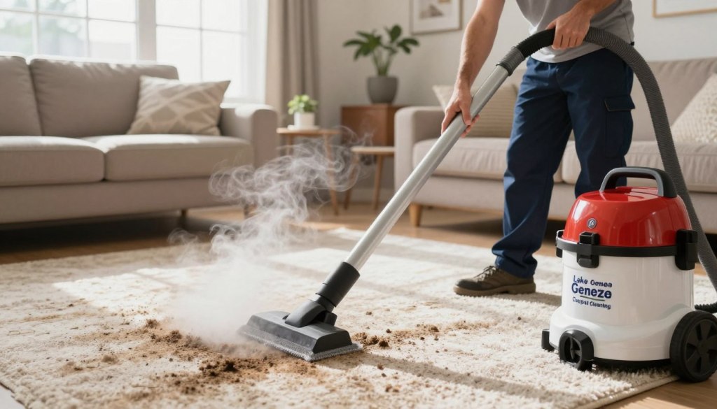 A professional carpet cleaner using deep steam cleaning techniques in a cozy living room setting. In the foreground, a technician in a neat uniform from "Lake Geneva Carpet Cleaning" operates a high-quality steam cleaner, showcasing the nozzle actively engaging with a plush, stained carpet. In the middle ground, the carpet is visibly lifting dirt and grime, with steam rising above it, creating a clean, fresh atmosphere. The background is a well-lit room adorned with tasteful furnishings and soft natural light streaming through a window, enhancing the clarity and detail of the process. The overall mood is one of efficiency and professionalism, emphasizing the meticulous care taken in carpet cleaning.