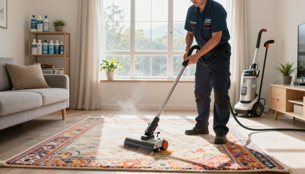 A serene interior scene showcasing a well-lit living room featuring plush carpets being cleaned by a professional. In the foreground, a technician in a smart uniform from "Lake Geneva Carpet Cleaning" operates a state-of-the-art carpet cleaning machine, focusing on a vibrant area rug. In the middle ground, natural sunlight streams through large windows, illuminating dust particles in the air, enhancing the cleanliness and freshness of the space. The background displays shelves of carpet cleaning products and tools, with potted plants adding a touch of greenery. The atmosphere is one of expertise and care, suggesting optimal cleaning techniques. The composition captures both action and tranquility, evoking a sense of professionalism and dedication to carpet maintenance.
