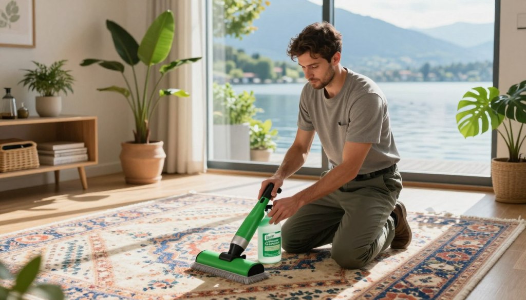 An eco-friendly carpet cleaning scene featuring a professional technician in modest casual attire, using green cleaning solutions and equipment on a vibrant, patterned carpet. In the foreground, the technician kneels on a beautiful, organic cotton rug, demonstrating the use of a natural, biodegradable cleaning product. In the middle ground, sunlight filters through a large window, illuminating the clean, airy room filled with plants and eco-conscious decor. The background showcases a scenic view of Lake Geneva, with its serene waters and lush greenery, reflecting the environmentally friendly theme. The overall mood is calm and inviting, emphasizing sustainability and cleanliness. Include the brand name "Lake Geneva Carpet Cleaning" subtly in the setting without text overlays or watermarks. Use soft, natural lighting to enhance the ambiance and focus on professionalism.