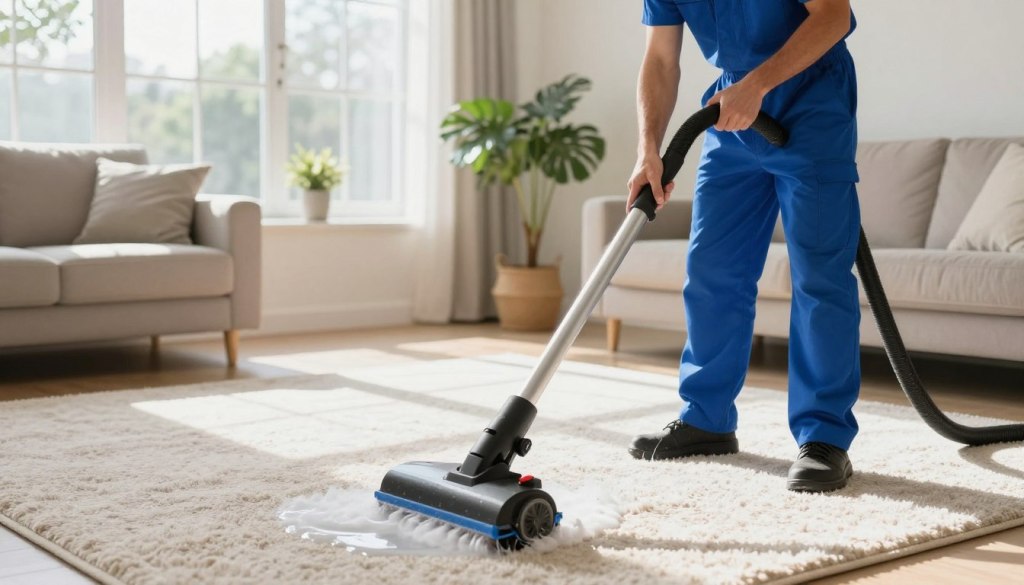 A clean, inviting living room with a plush, light-colored carpet being expertly cleaned by a professional from Lake Geneva Carpet Cleaning. In the foreground, a friendly technician in a blue uniform uses a high-quality carpet cleaning machine, with visible water and foam to illustrate the cleaning process. The middle ground showcases a bright, airy room with sunlight streaming through large windows, casting soft shadows that enhance the feeling of cleanliness. In the background, indoor plants and soft furnishings contribute to a fresh atmosphere. The overall mood is calm and reassuring, emphasizing the importance of allergen removal for improved indoor air quality. The composition is well-lit, with a focus on the cleaning process and a shallow depth of field to draw attention to the technician's expertise.