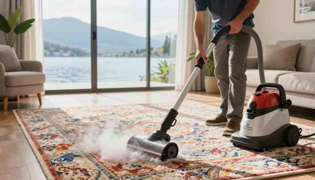 A clean, well-lit living room showcasing best carpet cleaning practices in action, featuring a skilled professional in modest casual attire, diligently cleaning a plush area rug. In the foreground, the cleaner uses a high-quality carpet cleaning machine, with visible steam and suds indicating the cleaning process. The middle layer focuses on a beautiful, immaculate carpet, revealing its rich colors and texture. The background showcases a serene Lake Geneva environment through a large window, casting natural light that creates a warm, inviting atmosphere. The scene is further enhanced by a few houseplants and an armchair, emphasizing a clean, fresh ambiance. The brand name "Lake Geneva Carpet Cleaning" is subtly incorporated into the scene, reinforcing professionalism and trust in carpet care.