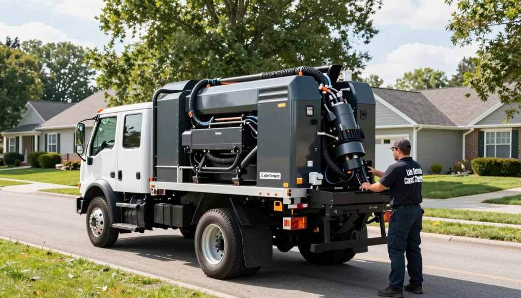 A modern truckmounted carpet cleaning setup prominently features a robust, professional-grade machine on the back of a utility truck, showcasing its intricate hoses and high-efficiency rotary extractor. The truck is parked on a clean suburban street in Walworth County, WI, surrounded by well-kept homes and greenery. In the foreground, a worker in a branded uniform from "Lake Geneva Carpet Cleaning" is preparing the equipment, displaying an action shot that conveys professionalism and dedication. The sunlight filters through trees, casting soft shadows and highlighting the truck's gleaming surfaces. The overall atmosphere is one of cleanliness and efficiency, emphasizing the significance of professional carpet cleaning in enhancing residential spaces. The scene is captured with a wide-angle lens to encompass both the truck and the inviting neighborhood backdrop.