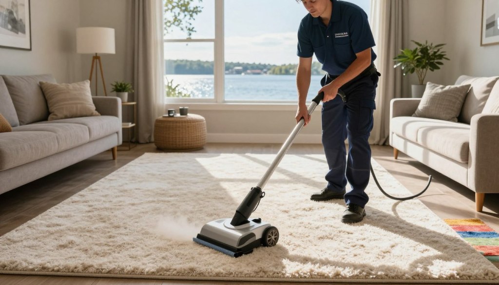 A professional carpet cleaning technician in Lake Geneva, WI, meticulously cleaning a plush, light-colored carpet in a cozy, well-lit living room. In the foreground, the technician, dressed in a branded uniform, uses an industrial-grade carpet cleaner, showcasing focused determination. The middle ground features a vibrant, freshly cleaned carpet, with a few small, colorful area rugs adding contrast. The background reveals scenic lake views through a window, bathed in warm, natural sunlight that brightens the entire space, creating an inviting atmosphere. The room is tastefully decorated with modern furniture and plants, emphasizing the importance of professional maintenance in enhancing property values. The image conveys a sense of cleanliness, professionalism, and local charm.