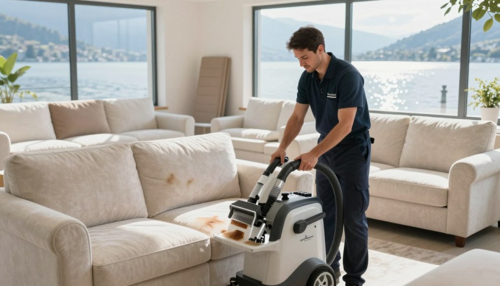 A professional upholstery cleaning scene in a well-lit room overlooking Lake Geneva. In the foreground, a technician in professional attire confidently operates a high-quality upholstery cleaning machine, skillfully removing stains from a luxurious fabric sofa. The middle ground showcases various cleaned and uncleaned upholstery pieces, highlighting the transformation. Sunlight streams through large windows, illuminating the room and creating a fresh, inviting atmosphere. In the background, the picturesque view of Lake Geneva can be seen outside, with gentle waves reflecting the sunlight. The setting is clean, organized, and conveys a sense of trust and expertise. Include the brand name "Lake Geneva Carpet Cleaning" subtly in the environment without visible signs or logos.
