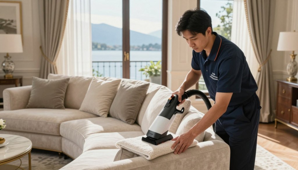 A professional upholstery cleaning service at work in a cozy, well-lit living room setting. In the foreground, a technician wearing a branded uniform from "Lake Geneva Carpet Cleaning" carefully cleans a stylish sofa using a high-tech upholstery cleaner. The middle ground features plush cushions and a neatly arranged decorative throw, emphasizing the importance of meticulous care. In the background, large windows reveal a serene view of Lake Geneva, with soft sunlight filtering through sheer curtains, creating a warm and inviting atmosphere. The overall mood is one of professionalism and attention to detail, showcasing the high standards of local service. The focus is sharp, and the composition uses a slightly wide-angle lens to capture both the technician and the elegant furnishings.