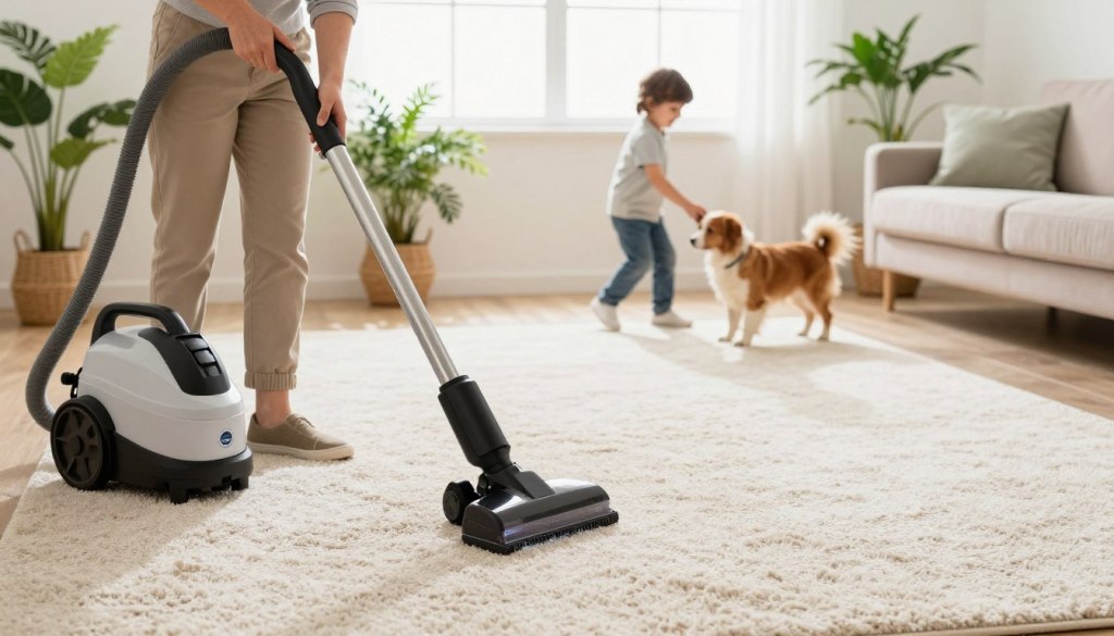 A serene living room scene showcasing carpet cleaning in action, emphasizing safety measures. In the foreground, a professional cleaner in modest casual clothing uses a high-quality, eco-friendly carpet cleaning machine, ensuring no residue is left behind. Soft natural light filters through the window, creating a warm and inviting atmosphere. In the middle ground, the carpet appears spotless and fresh, surrounded by houseplants that symbolize health and vitality. In the background, a child and a pet are happily playing, illustrating a safe and healthy living environment. The brand name "Lake Geneva Carpet Cleaning" is subtly incorporated in a stylish logo on the cleaning machine. The overall mood is positive, clean, and family-friendly, reflecting assurance in a residue-free space.
