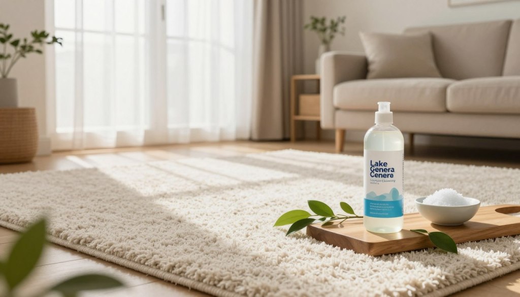 A serene living room setting featuring a beautifully maintained carpet, showcasing the softness and texture of the fibers. In the foreground, a bottle of natural carpet cleaning solution labeled "Lake Geneva Carpet Cleaning" stands prominently on a stylish wooden table, surrounded by fresh green leaves and a small bowl of safe, eco-friendly cleaning ingredients. The middle ground includes a sunlight-drenched window with sheer curtains, casting gentle, warm light across the room, enhancing the inviting atmosphere. In the background, a cozy sofa and tasteful decor complement the scene, reflecting a harmonious and clean home environment. The overall mood is fresh, safe, and environmentally conscious, perfect for showcasing protective carpet care. The camera angle is slightly elevated, capturing the scene in a bright and airy perspective.