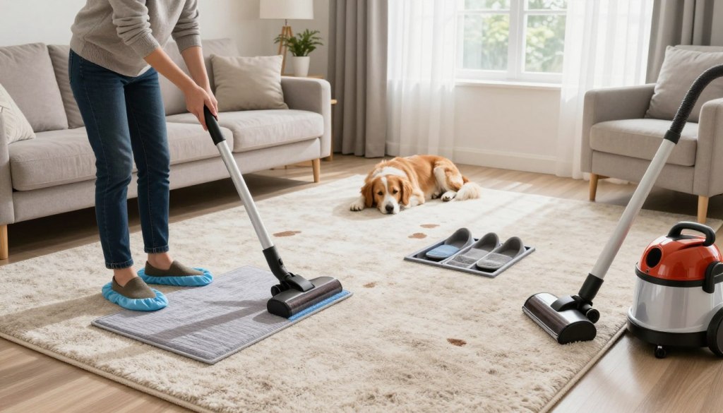 A stylish living room featuring a plush, light-colored carpet that looks freshly cleaned, surrounded by furniture arranged for comfort and practicality. In the foreground, a professional in smart casual attire is demonstrating preventive measures, such as placing a stylish rug at the entrance, using shoe covers, and placing a small vacuum cleaner nearby. In the middle ground, a pet resting peacefully on the carpet, with designated play areas neatly organized to prevent stains. The background includes a sunny window with sheer curtains allowing natural light to filter in softly, enhancing the cozy atmosphere. All elements are harmoniously arranged to communicate a clean, inviting space, perfect for showcasing Lake Geneva Carpet Cleaning's expertise in maintaining carpet cleanliness. The scene is bright, cheerful, and exudes warmth and comfort, ideal for understanding carpet care.