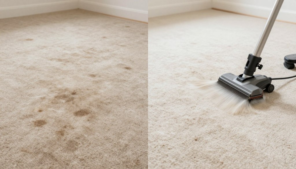 Before and after comparison of carpet cleaning showing dramatic stain removal results