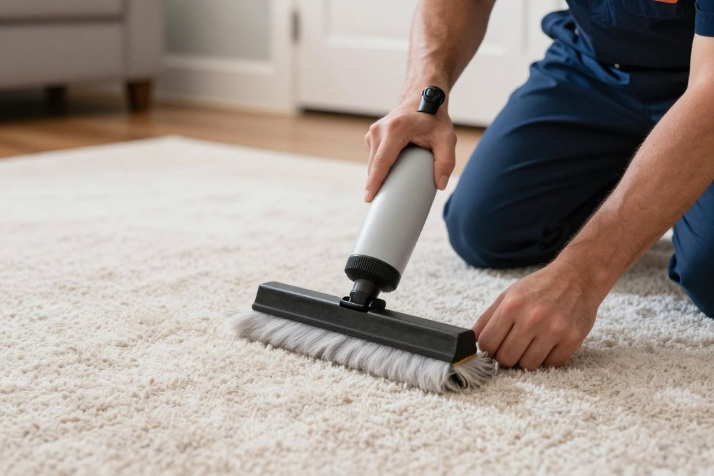 Carpet cleaning technician applying specialized stain treatment
