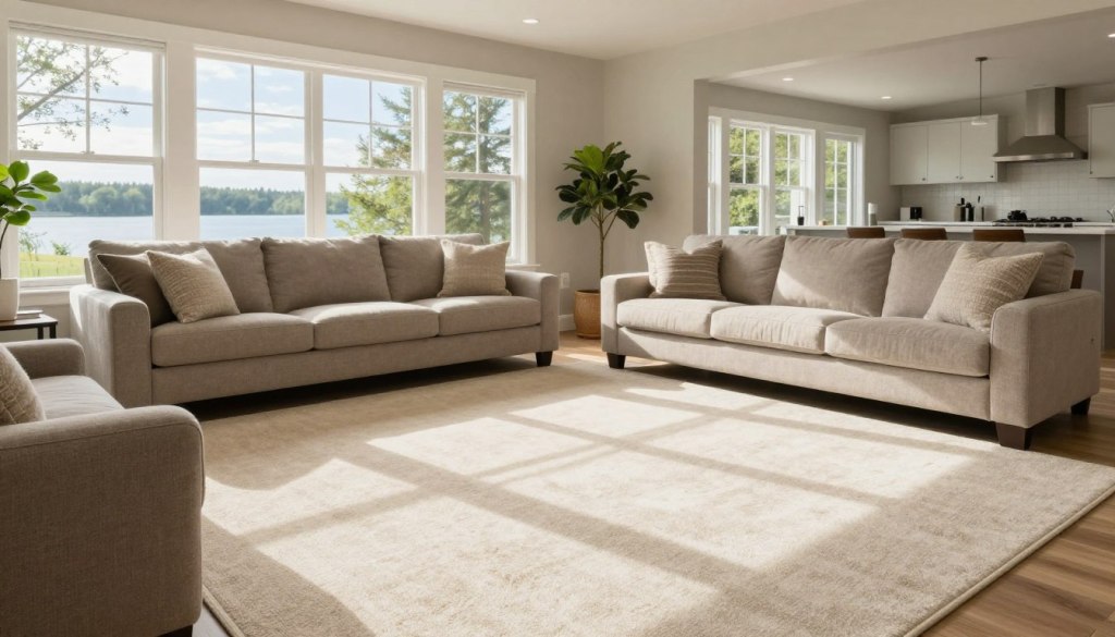 Clean fresh carpet in modern Lake Geneva family living room after professional cleaning