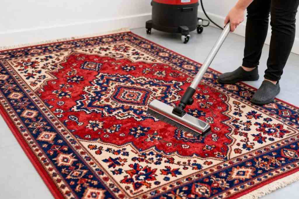 Colorful area rug being professionally cleaned showing expert care and restoration in Lake Geneva