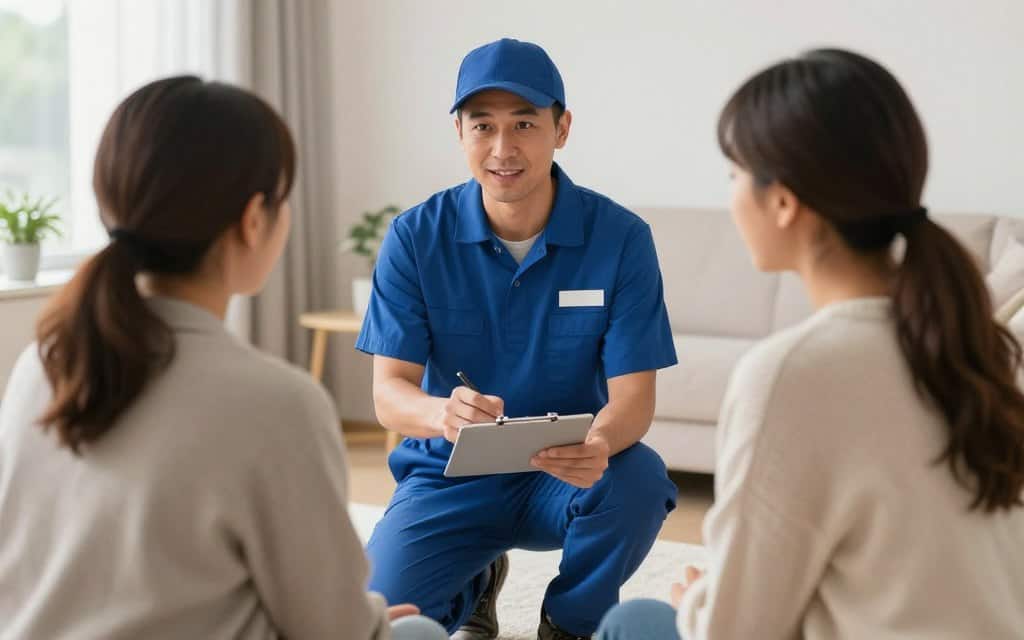 Customer consultation with carpet cleaning professional