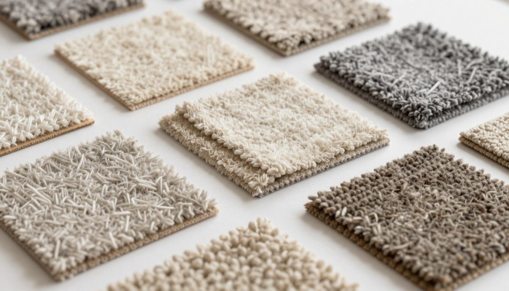 Different carpet fiber types and textures showing variety of residential carpeting options