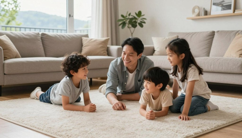 Family enjoying clean healthy home environment after carpet cleaning