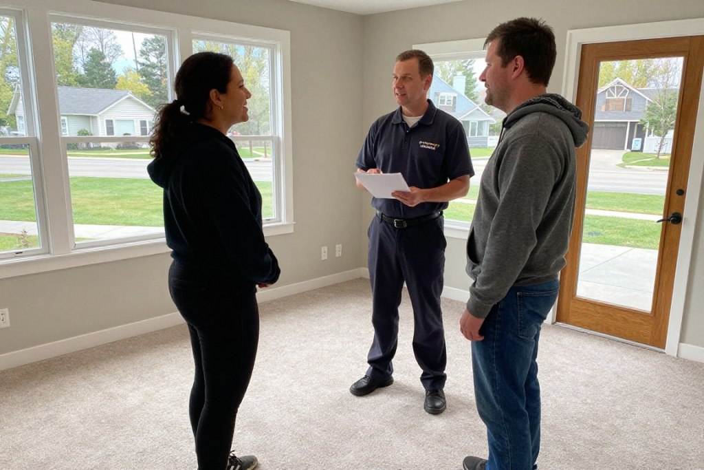 Final carpet cleaning inspection with customer