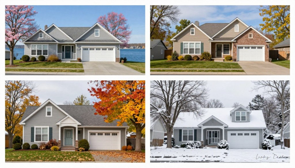Four seasons collage showing different carpet care needs throughout the year in Lake Geneva