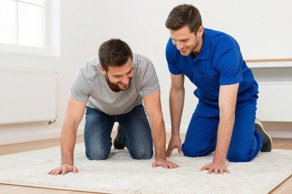 Happy satisfied customer inspecting freshly cleaned carpet with professional cleaner in Lake Geneva home