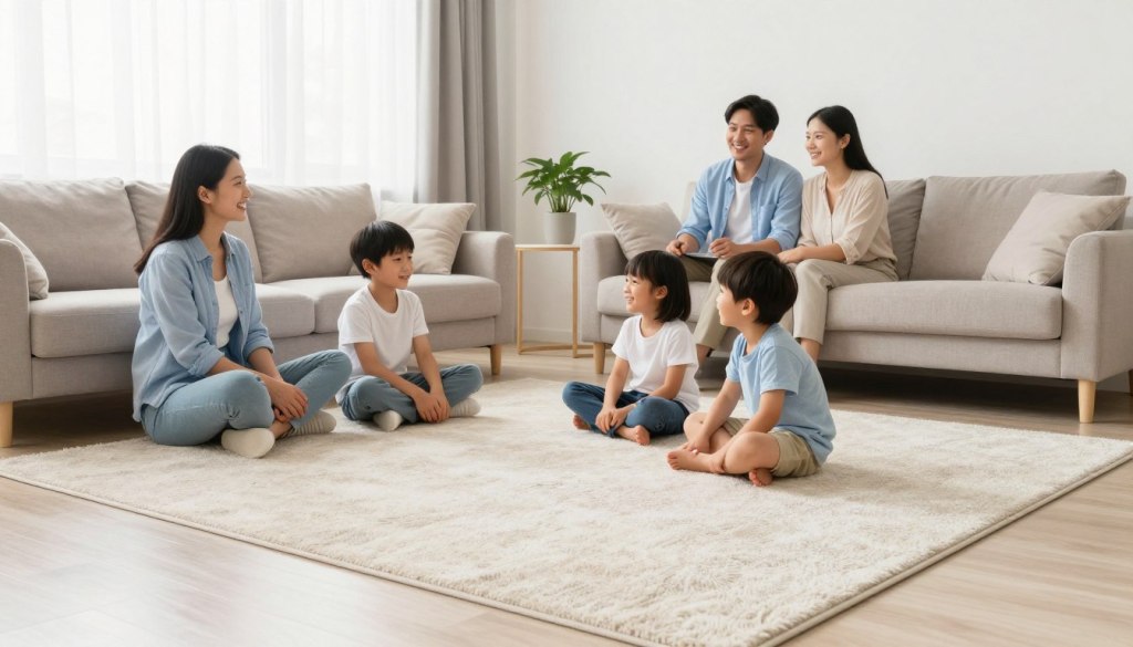 Healthy home environment with family in clean living room showing benefits of professional carpet cleaning