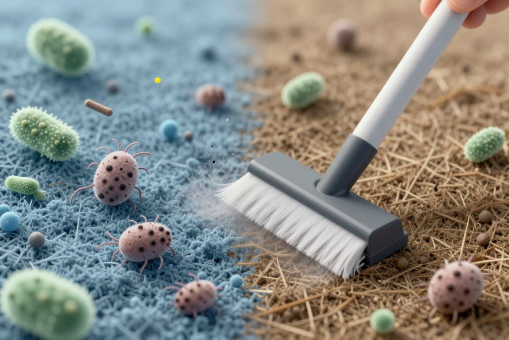 Microscopic view representation showing allergens dust mites and bacteria removed from carpet fibers
