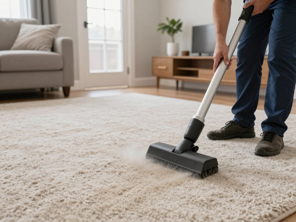 Pet odor removal treatment being applied to carpet with professional equipment in Lake Geneva home