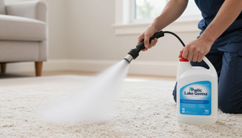 Premium carpet cleaning solutions being applied to residential carpet