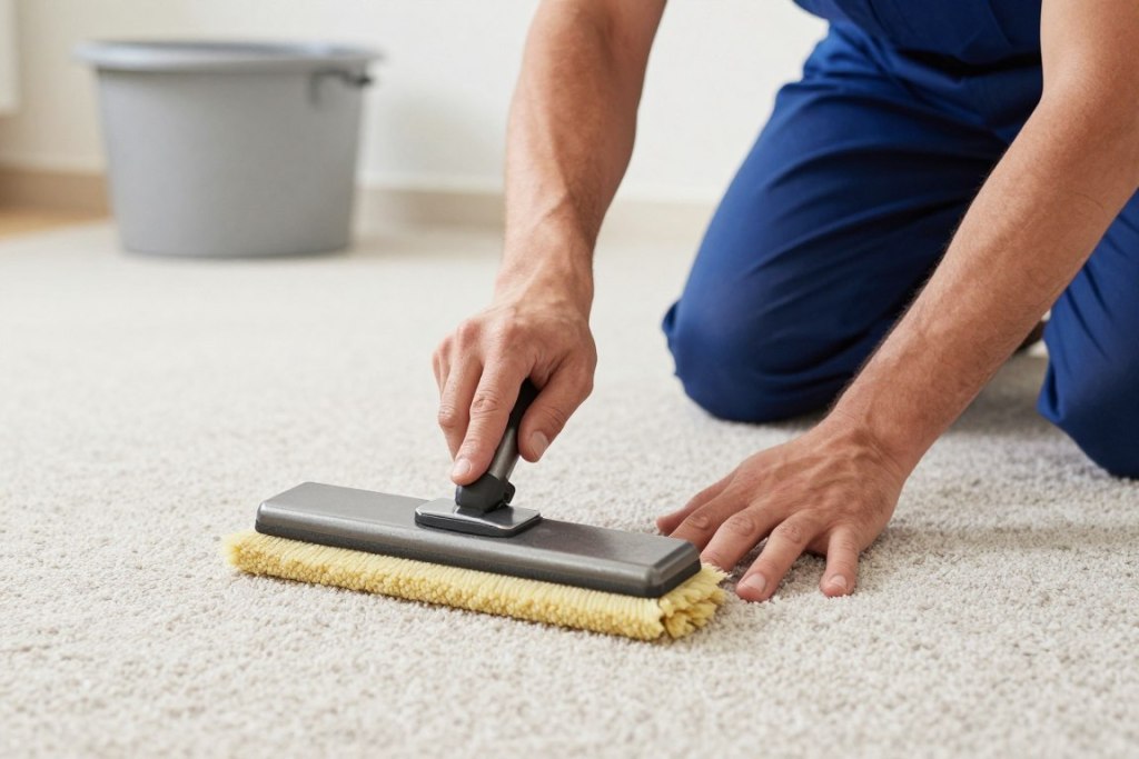 Professional carpet cleaner demonstrating expert technique and attention to detail during service