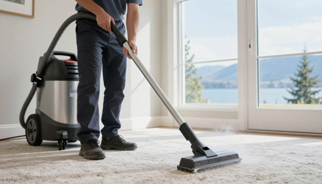Professional hot water extraction carpet cleaning in progress in Lake Geneva living room showing deep cleaning process