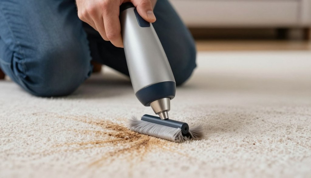Professional treating tough carpet stain with specialized products showing expert spot removal technique