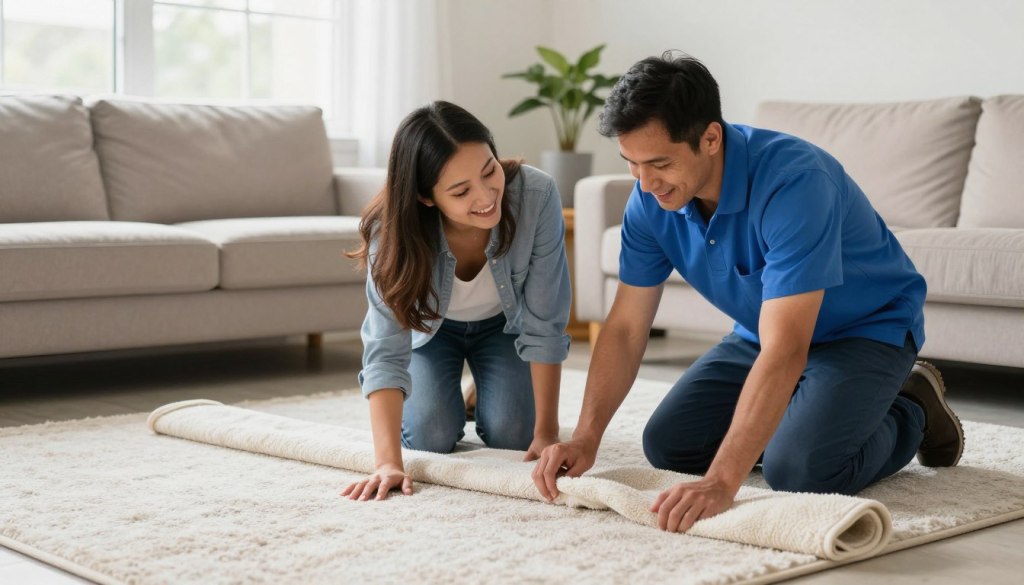 Satisfied homeowner inspecting cleaned carpet