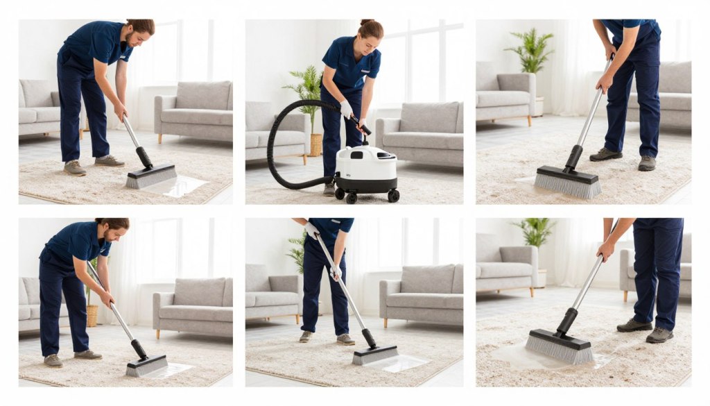 Step by step professional carpet cleaning process demonstration showing pre-inspection through final results