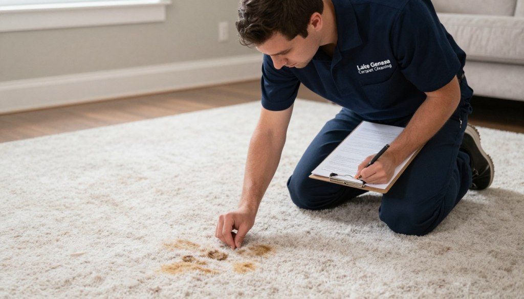 Trained carpet cleaning technician inspecting carpet before cleaning