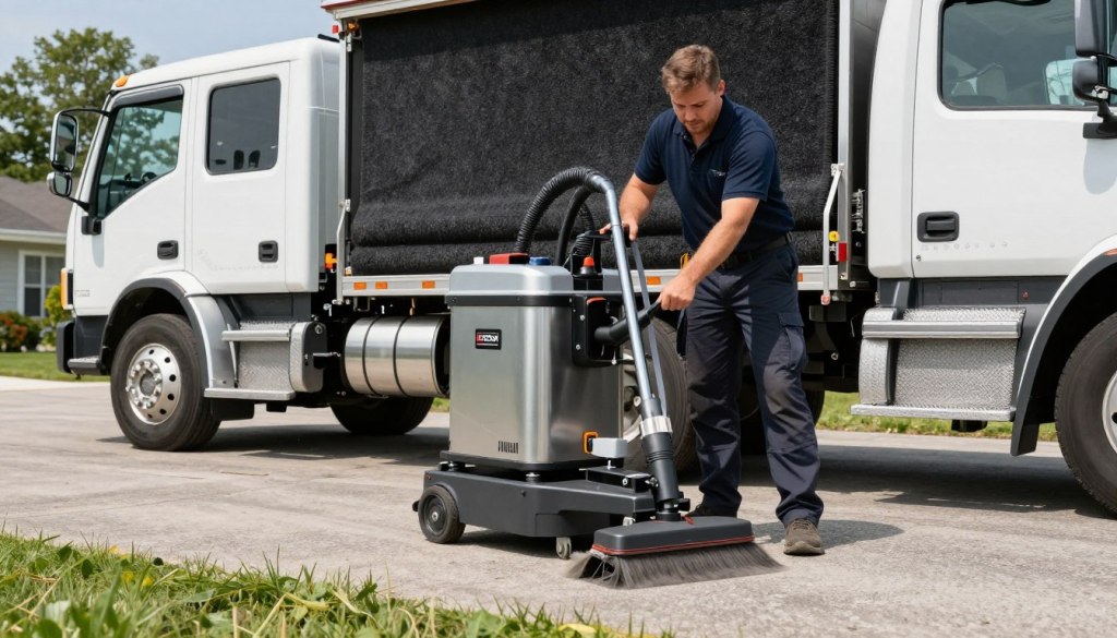 Truck-mounted carpet cleaning system in action