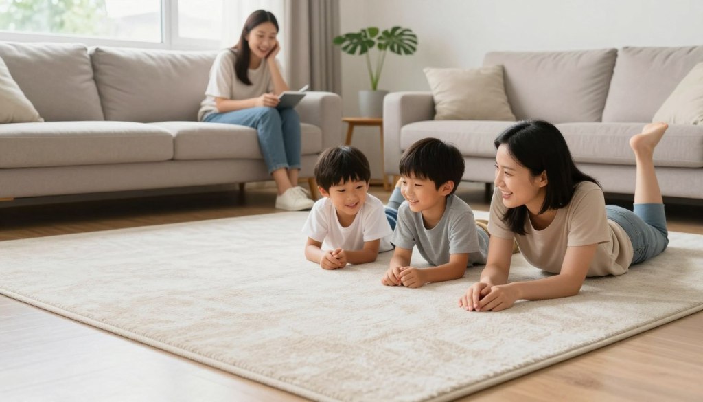 happy family on freshly cleaned carpet