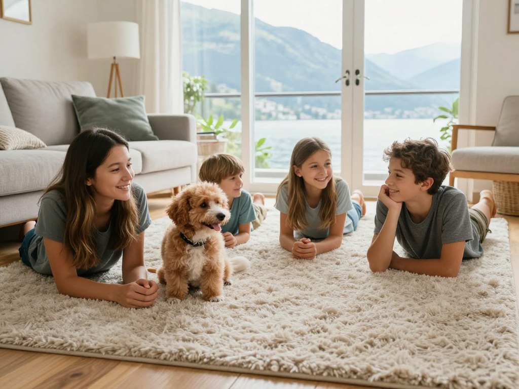 happy family relaxing on clean allergen-free carpet in Lake Geneva home