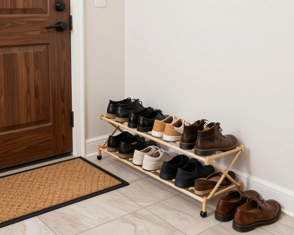 home entryway with shoes removed and clean mat