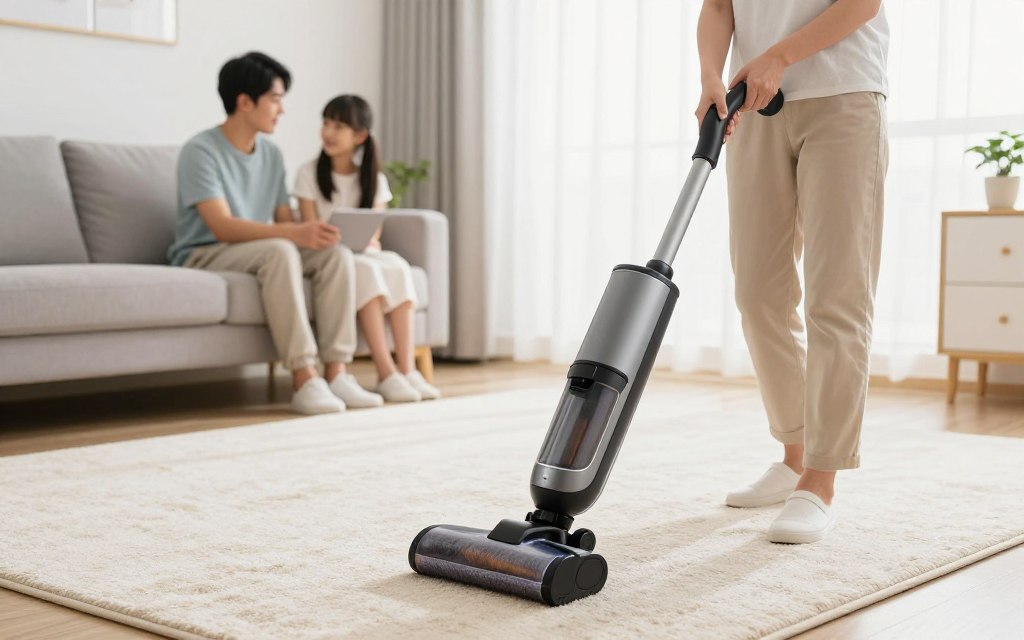 homeowner performing regular carpet maintenance and vacuuming in Burlington home