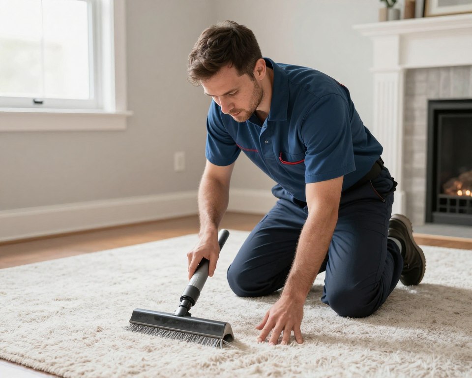 professional carpet cleaner inspecting carpet quality and condition in Burlington home