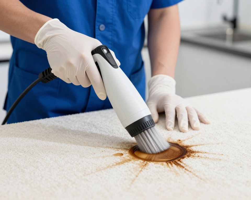 professional carpet cleaner treating coffee stain with specialized equipment