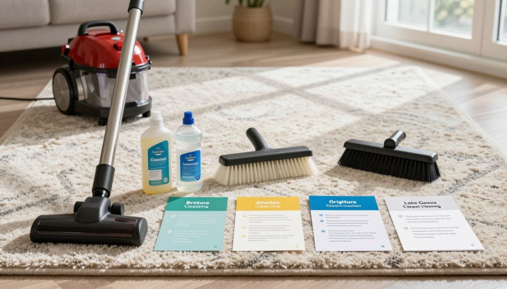 A beautifully arranged flat lay of carpet cleaning tips displayed on a large, luxurious area rug. In the foreground, feature essential tools like a vacuum cleaner, carpet brush, and cleaning solutions, neatly positioned next to color-coded and labeled tips on maintaining carpet quality. The middle ground should showcase a pristine, professionally cleaned carpet with visible texture and patterns, illuminated by soft, natural light filtering in through a nearby window, casting gentle shadows for depth. In the background, include a subtle hint of a cozy living room setting with tasteful décor to create a warm and inviting atmosphere. The image should have a calm, clean aesthetic, emphasizing the importance of regular carpet maintenance. Incorporate visual elements that subtly reference "Lake Geneva Carpet Cleaning" brand for context.
