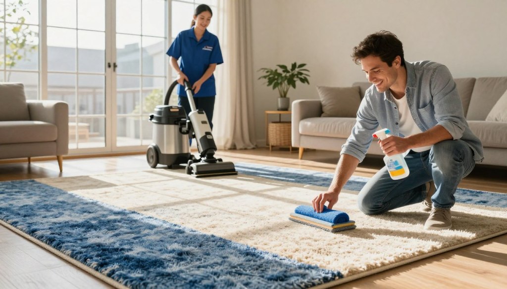 A clean and organized living room featuring a fresh carpet that showcases the stunning difference between DIY cleaning and professional standards. In the foreground, a satisfied homeowner in business casual attire examines the vibrant, spotless carpet while holding cleaning supplies typical of DIY cleaning. In the middle, a professional cleaner from "Lake Geneva Carpet Cleaning" wearing a branded uniform operates a high-tech carpet cleaning machine, demonstrating expertise and efficiency. The background reveals an open and airy home environment with sunlight streaming through large windows, highlighting the cleanliness and inviting atmosphere. The lighting is warm and natural, casting soft shadows that enhance the overall detail and texture of the carpet. The mood is uplifting and inspiring, emphasizing the benefits of hiring a professional for superior results.