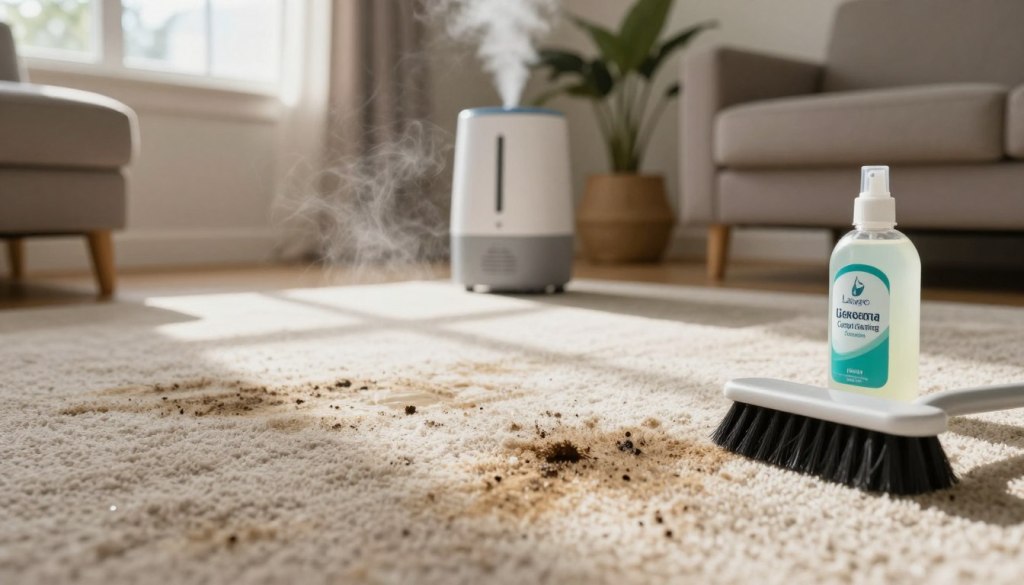 A close-up view of a carpet showing signs of pet urine stains, with visible discoloration and small, dark patches. In the foreground, a scrub brush and cleaning solution sit beside the stained area, indicating an ongoing cleaning process. In the middle background, a humidifier can be seen, highlighting the importance of humidity control in maintaining carpet hygiene, surrounded by a cozy living room setting with warm lighting. Soft sunlight filters through a window, casting gentle shadows, creating an inviting but concerning atmosphere. The air feels heavy with humidity, suggesting potential health risks associated with pet waste. The space reflects a Lake Geneva home environment, with nature-inspired decor. Add the brand name "Lake Geneva Carpet Cleaning" subtly in a corner of the image.