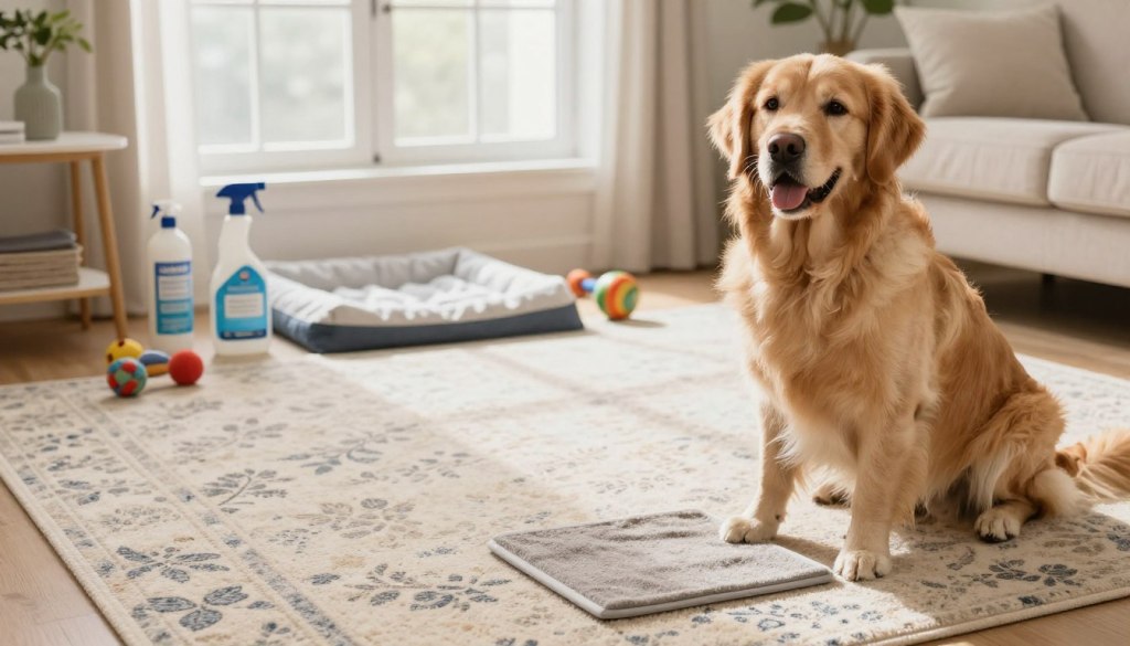 A cozy living room scene featuring a beautifully maintained carpet with a subtle pattern, showcasing the positive effects of preventative measures against pet accidents. In the foreground, a friendly golden retriever is sitting calmly with a pet-friendly mat nearby, representing a proactive solution. The middle ground includes pet training supplies such as a spray bottle and training pads neatly arranged on a side table, with a few toys scattered. In the background, a bright window lets in warm, natural light, enhancing the inviting atmosphere. The color palette should be soft and warm, conveying a sense of comfort and cleanliness. The image reflects the responsible pet ownership offered by Lake Geneva Carpet Cleaning, highlighting prevention in pet care without any visible text or branding distractions.