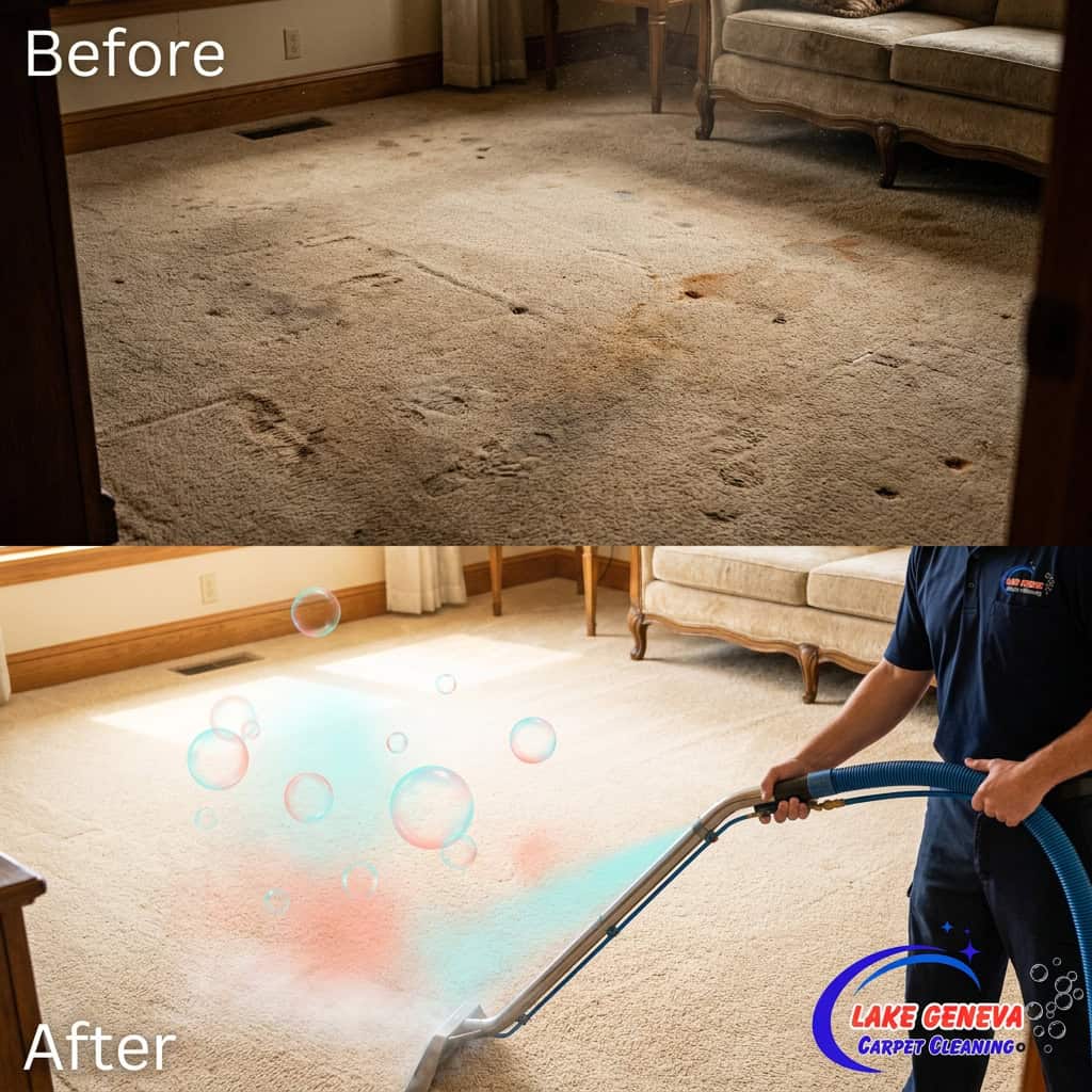 A dynamic scene in Lake Geneva, Wisconsin, showcasing the competitive spirit of the local carpet cleaning industry. In the foreground, a professional technician wearing a blue uniform from "Lake Geneva Carpet Cleaning" is vigorously cleaning a carpet inside a bright, modern home, with cleaning equipment like a state-of-the-art extraction machine. In the middle ground, a rival company's vehicle is parked outside, showcasing their branding subtly on the vehicle's side. The background features Lake Geneva's picturesque landscape, with lush greenery and a glimpse of the sparkling lake. The lighting is warm and inviting, with sunlight streaming through the windows, creating a vibrant atmosphere that emphasizes professionalism and competition in the carpet cleaning market.