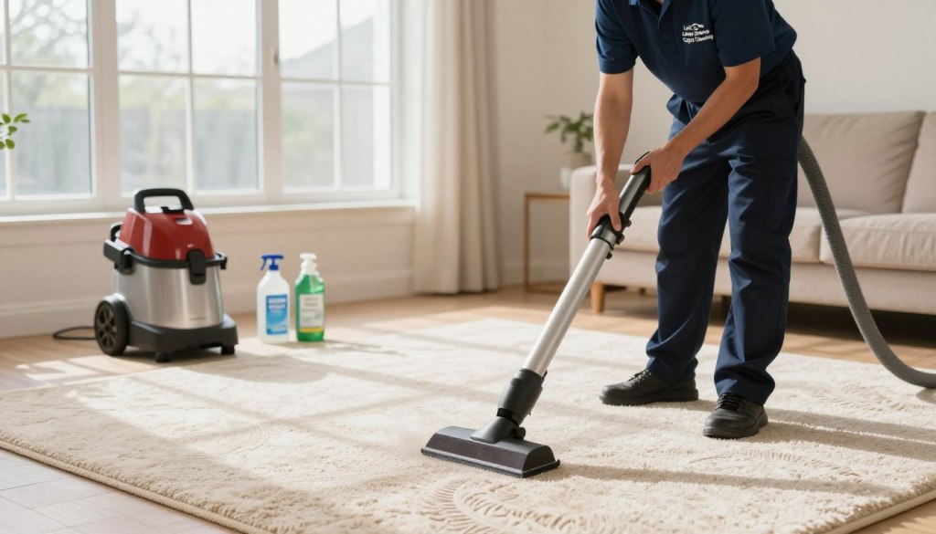 A professional carpet cleaner, dressed in a neat uniform featuring the "Lake Geneva Carpet Cleaning" logo, is meticulously using a high-tech steam cleaning machine on a plush, beige carpet in a bright, airy living room. In the foreground, the cleaner is focused on a section of the carpet, showing detailed textures and patterns being restored to their original beauty. In the middle ground, a few cleaning tools and solutions are neatly arranged, emphasizing the organized approach to professional cleaning. The background reveals large windows letting in soft, natural light, casting gentle shadows that create a warm and inviting atmosphere. The overall mood is one of professionalism and care, highlighting the effectiveness of specialized techniques over DIY methods in achieving pristine carpet cleanliness.