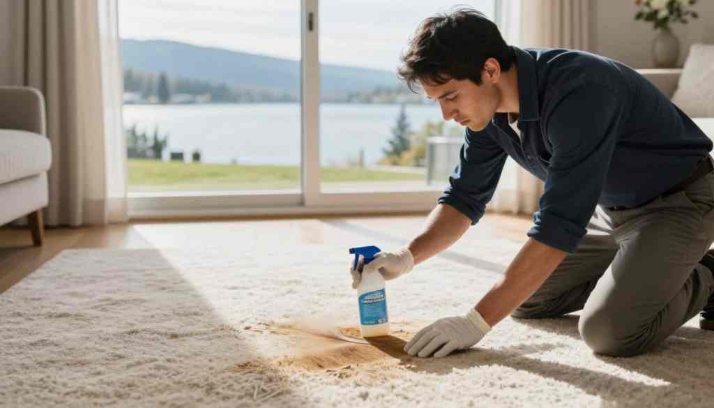 A professional carpet cleaner in a clean, bright Lake Geneva home diligently removes a stubborn stain from a light beige carpet. The cleaner, dressed in smart casual attire, uses advanced tools and solutions, showcasing a bottle labeled "Lake Geneva Carpet Cleaning." The foreground features the cleaner’s focused expression and precise movements as they apply a specialized stain removal technique. In the middle section, the carpet reveals the contrast between the treated and untreated areas, highlighting the effectiveness of the cleaning. The background captures a serene Lake Geneva setting, with soft natural light streaming through a window, creating an inviting atmosphere. The scene conveys expertise, professionalism, and the promise of a stain-free home.