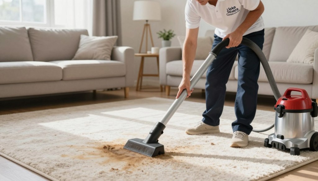 A professional carpet cleaner in a modern, well-lit living room, focused on removing a stubborn stain from a plush carpet. The cleaner is dressed in a neat uniform with the logo "Lake Geneva Carpet Cleaning" visible on the shirt. In the foreground, the cleaner is using advanced equipment, like a steam cleaner and stain removal solutions, highlighting the effectiveness of the process. In the middle ground, the carpet shows a distinct before-and-after contrast, showcasing the areas that have been treated versus those still stained. The background features a cozy, stylish room setting with natural light streaming through a window, creating an inviting atmosphere. The image captures a mood of professionalism and diligence, emphasizing the importance of evaluating stain removal success.